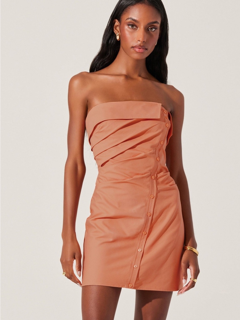 ASTR The Label Off Shoulder Ruched Button Front Mini Dress Rust Size Large